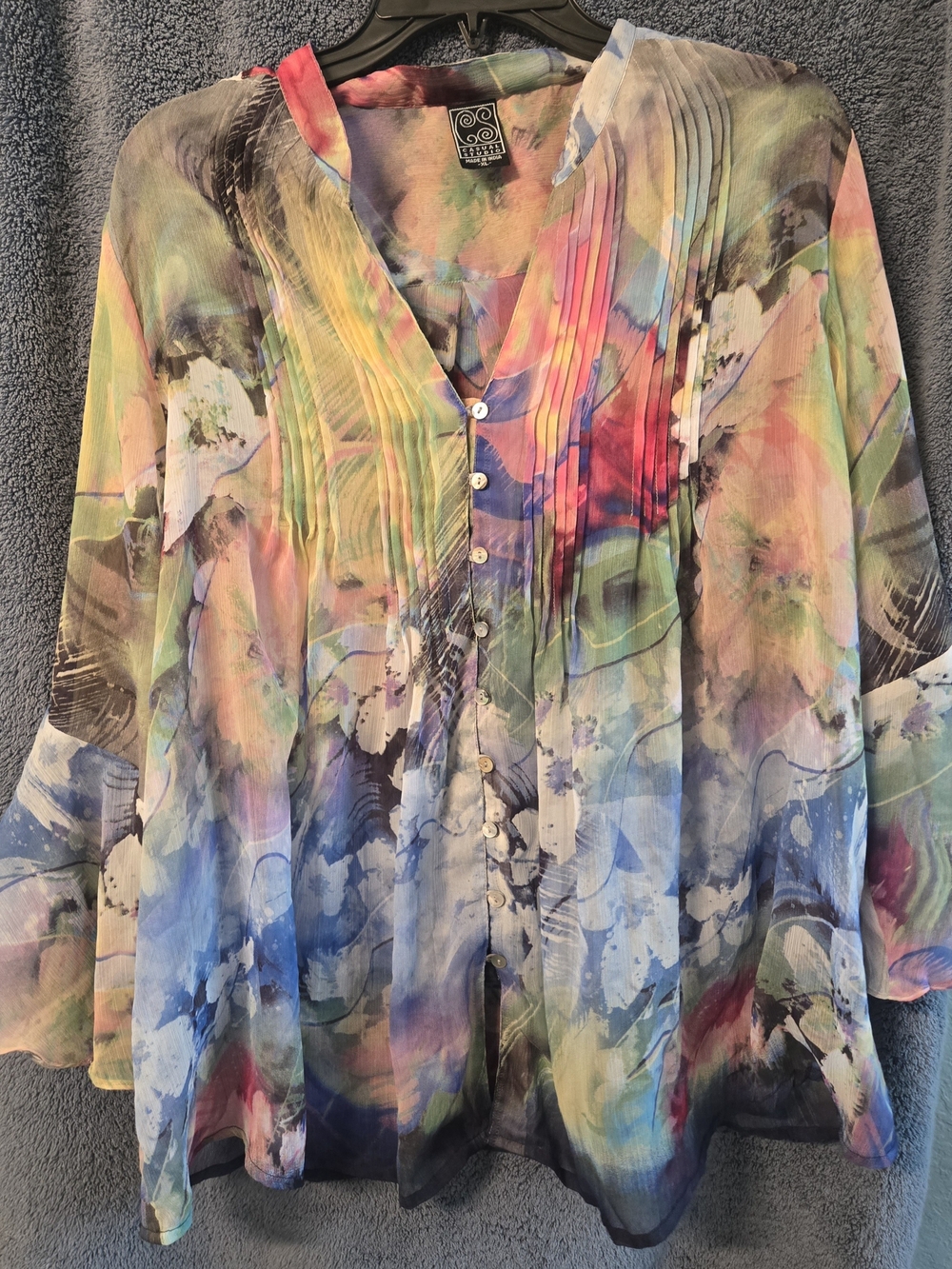 Casual Studio Watercolor Abstract Print Tucked Bib Blouse Size XL